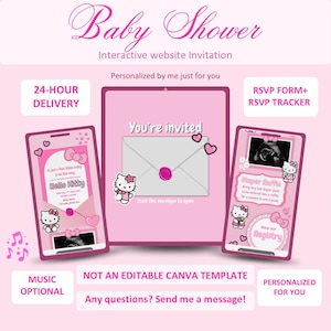 Puede incluir: Una plantilla de invitación interactiva digital para baby shower con gráficos de Hello Kitty, esquemas de color rosa y maquetas de dispositivos móviles. El diseño incluye texto como Baby Shower, You're invited, RSVP FORM+ RSVP TRACKER y Diaper Raffle.