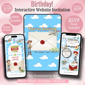 May include: A digital birthday invitation displayed on a tablet and two smartphones, featuring a blue sky with white clouds, Toy Story characters, and text including "You're Invited," "Andy Turns One," "Wish List," "Location," and "RSVP Here."
