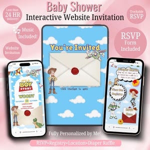 May include: An interactive baby shower website invitation displayed on a tablet and two smartphones. The screens feature a blue sky background with white clouds, characters from Toy Story, and text including It's a Boy Story, Woody, and RSVP.