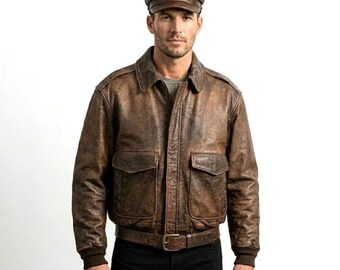Distressed Brown Leather A-2 Bomber Jacket Set with Cap and Belt