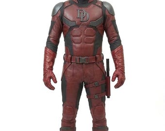 Daredevil Suit — Full Cosplay Costume | Marvel Superhero Outfit | DD Logo Leather-Look Bodysuit with Armor Panels & Billy Club Holster