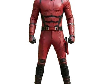 Men's Red Black Tactical Leather Superhero Costume Suit | Armored Combat Cosplay Outfit