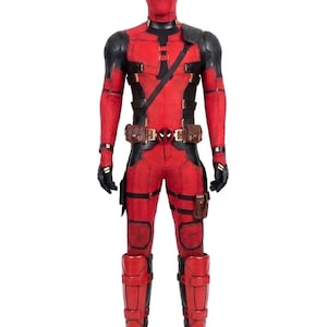 May include: A full-body costume of the Marvel Comics character Deadpool. The costume is primarily red with black accents, including a mask with white eyes, black gloves, and a utility belt. The boots are black and red.