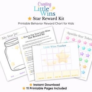 Puede incluir: Un kit imprimible de recompensas de estrellas para niños, con un tarro, un rastreador y fichas de estrellas. El kit incluye 11 páginas imprimibles y está diseñado para fomentar el comportamiento positivo. El texto incluye "Creating Little Wins".