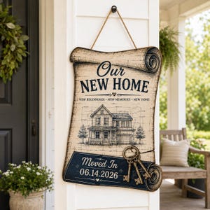 Personalized New Home Scroll Sign, Housewarming Wall Decor, Moved In Date Hanging Sign, Rustic Farmhouse Entryway Gift, New Home Sign