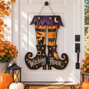 May include: A wooden door hanger shaped like a pair of witch boots with orange and black striped stockings. The boots are black with gold stars, a buckle, and a broomstick. The text Witching Hour is printed in white script across the boots.