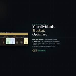 May include: A digital dividend income tracker interface on a dark background. The text reads "Your dividends. Tracked. Optimised." and lists features like YTD totals and income goals. The price is €15.