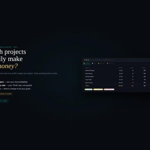 Può includere: Un'interfaccia di strumento per freelance su sfondo scuro. Il testo recita: Which projects actually make you money? Include una tabella di monitoraggio dei progetti con colonne per ricavi, ore, margine e tariffa, oltre a icone Excel e PDF.