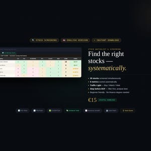 Può includere: Una pagina web scura con il testo "STOCK SCREENING" e "ENGLISH VERSION". La pagina mostra una watchlist azionaria con una tabella di dati e il testo "Find the right stocks — systematically."