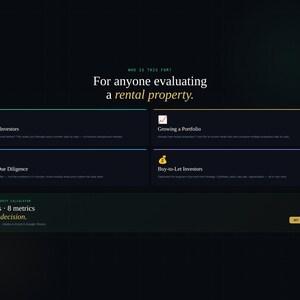 May include: Dark background with text: "For anyone evaluating a rental property." Four sections detail investor types: First-Time, Growing a Portfolio, Pre-Offer Due Diligence, and Buy-to-Let. A section highlights "4 sheets, 8 metrics, 1 clear decision."