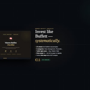 Op de afbeelding: Advertentie voor een digitaal product getiteld "Warren Buffett Checklist". De checklist bevat 27 criteria, 6 categorieën en een stoplichtscore. De tekst "Investeer als Buffett systematisch" wordt ook weergegeven.