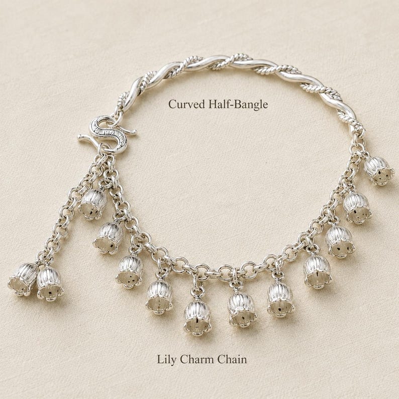 May include: A silver-toned bracelet featuring a twisted curved half-bangle connected to a chain adorned with multiple hanging lily-shaped charms. The text Curved Half-Bangle and Lily Charm Chain is visible on the image, describing the components.