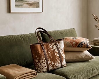 Bolso tote grande de piel de vaca, marrón y blanco, estilo western.