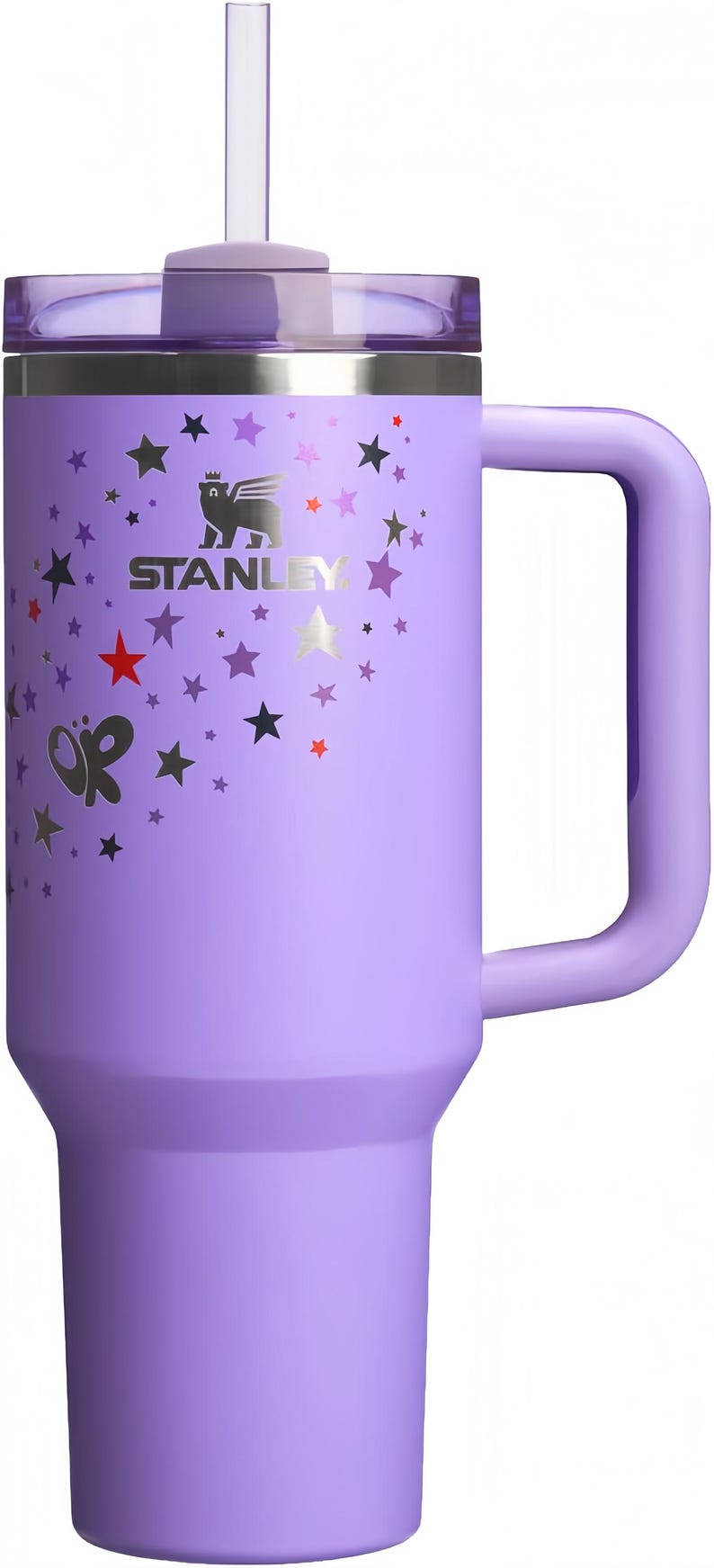 May include: A lavender Stanley Quencher tumbler with a handle and straw. The tumbler is decorated with star and butterfly graphics. The Stanley logo is visible on the front. The tumbler is designed to keep drinks cold for hours.