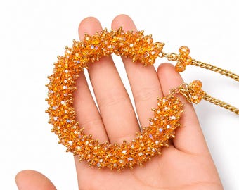 Orange Crystal Beaded Bracelet, Woven Statement Cuff, Handmade Glass Bead Jewelry, Bridal Boho Glam