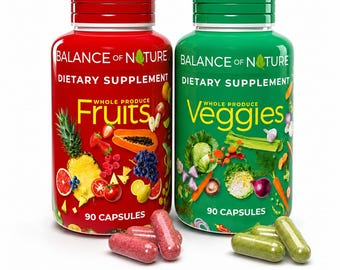 Paquete de 2, 90 porciones de frutas y 90 porciones de verduras. Suplemento alimenticio integral.