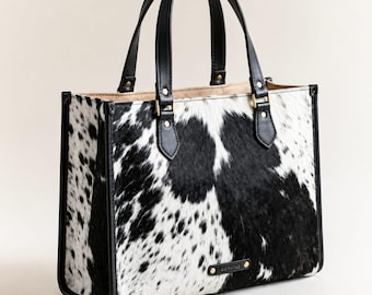 Bolso tote de piel de vaca, negro y blanco, bolso de hombro de piel con pelo / Regalo para ella