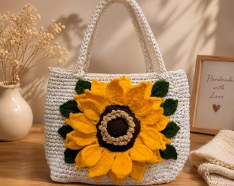 Handmade Crochet Sunflower Tote Bag | Boho Floral Shoulder Purse, Cottagecore Market Tote
