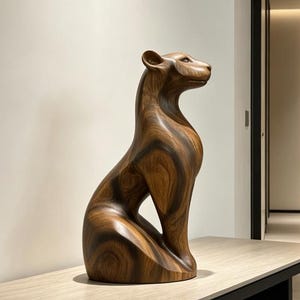 Op de afbeelding: Een houten sculptuur van een zittende cheetah met een gladde, gepolijste afwerking. De sculptuur heeft een rijke bruine kleur met donkerdere houtnerfpatronen. Het staat op een lichtgekleurde tafel met zwarte poten, in een gang.