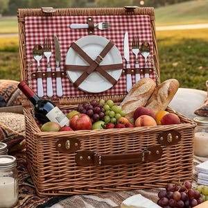 May include: A wicker picnic basket, open to reveal a red and white gingham lining, filled with fruit, bread, and wine. The picnic is set on a patterned blanket with cushions. Cheese, crackers, and candles are arranged nearby for a relaxing outdoor meal.