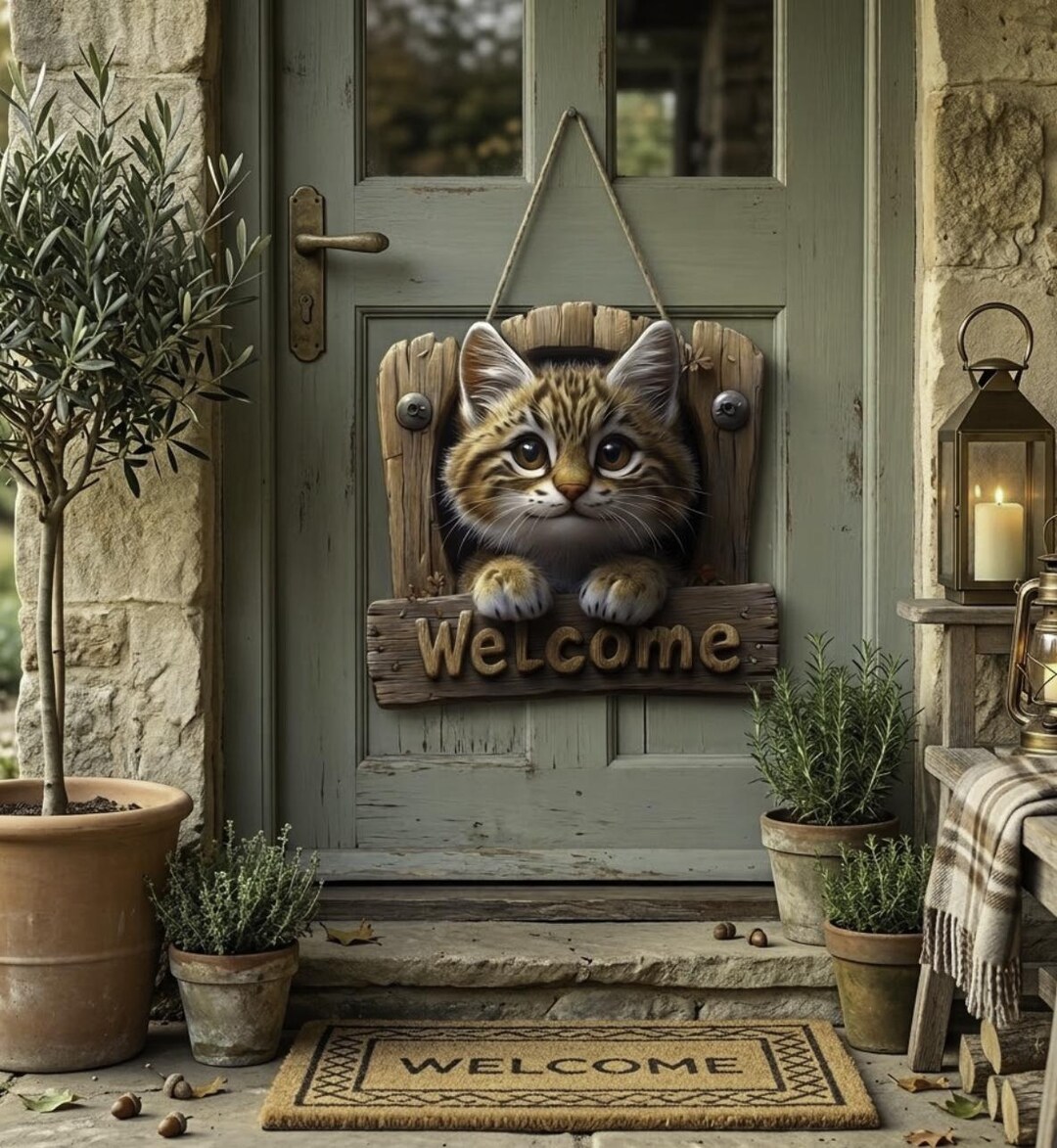 Wooden Cat Welcome Sign Farmhouse Cat Door Hanger Cat Lover Porch Decor ...