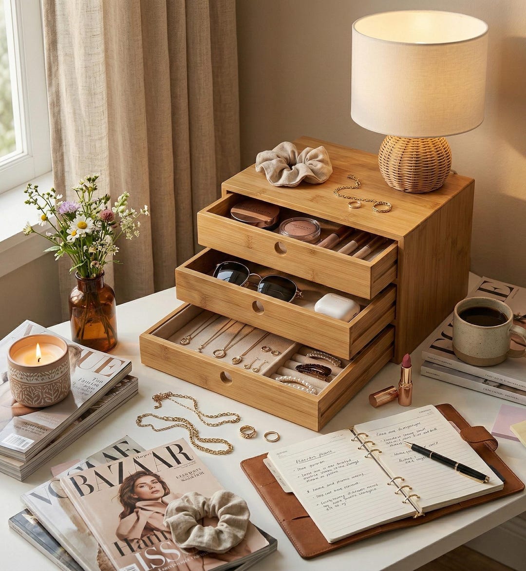 Bamboo Desk Organizer With Drawers, Desktop Storage Box, Monitor Stand ...