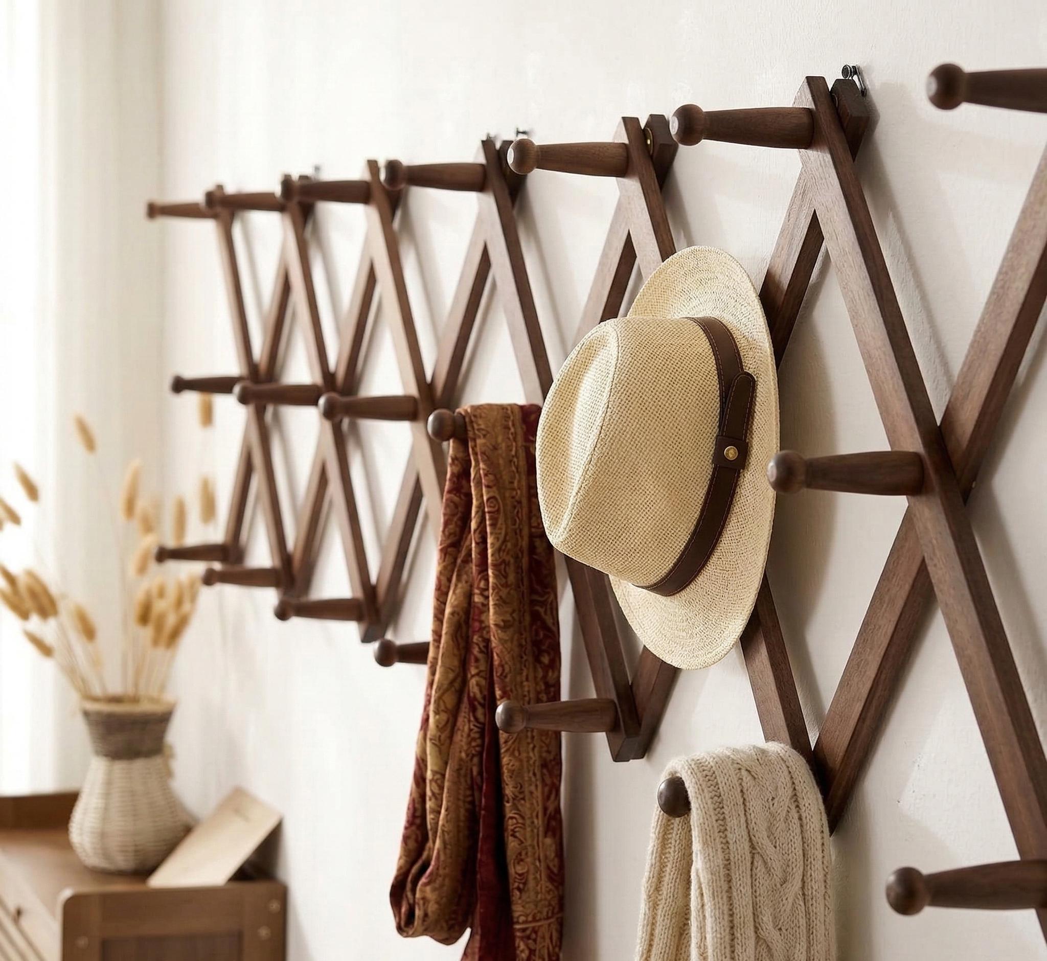 Porte-manteau Ancien Extensible En Bois - Patiné Et Fonctionnel
