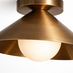 Antique Brass Flush Mount Ceiling Light, Frosted Globe Diffuser, Mid Century Modern Fixture