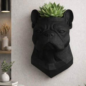 Set med 2 svartvita 25 cm svartvita bulldogg väggmonterade växtkrukor, designerkrukor, modern väggdekoration, hundhuvud, originalinredning