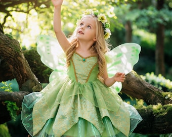 Vestito da fata verde di Trilli per bambine con ali e cerchietto, abito da fata verde per bambine, vestito da fata estivo per bambine