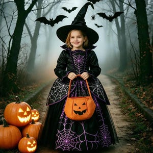 May include: A child wearing a black witch costume with a purple spiderweb pattern, a tall pointed hat, and a black bodice. The costume features a full skirt with a matching spiderweb design. The child holds an orange jack-o'-lantern bucket.