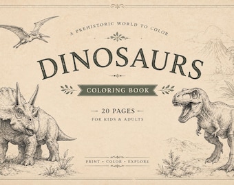 Dinosaurier-Malbuch zum Ausdrucken | 20 Dinosaurier-Malvorlagen mit Namen | Lernbuch für Kinder | Dinosaurier-Aktivitäten