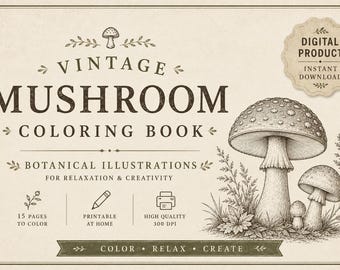 Pilz-Malvorlagen (PDF zum Ausdrucken) | Malbuch mit Pilzmotiven im Vintage-Stil | Natur-Malvorlagen | Sofort-Download