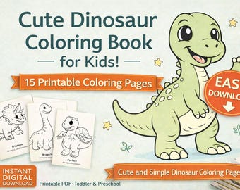 Niedliches Dinosaurier-Malbuch für Kinder | 15 druckbare Dinosaurier-Malvorlagen | Malbuch für Kleinkinder von 3–5 Jahren | Digitaler Download