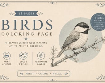 Vogel-Malvorlagen (PDF zum Ausdrucken) | Vintage-Vogel-Malbuch | Entspannende Naturmotive | Sofort-Download
