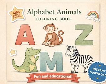 Ausmalbilder mit dem Tieralphabet zum Ausdrucken | ABC-Tiermalbuch | Lernaktivität für Vorschulkinder | Ausmalbilder von A bis Z | Sofort-Download