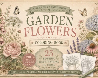Ausmalbilder Gartenblumen (PDF zum Ausdrucken) | Vintage-Blumenmalbuch | Cottagecore-Blumen | Sofort-Download