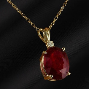 Oval Cut Ruby and Diamond Necklace, 14K Gold Plated Minimalist Necklace, Dainty Ruby Pendant, Birthstone Jewelry, Gift for Her