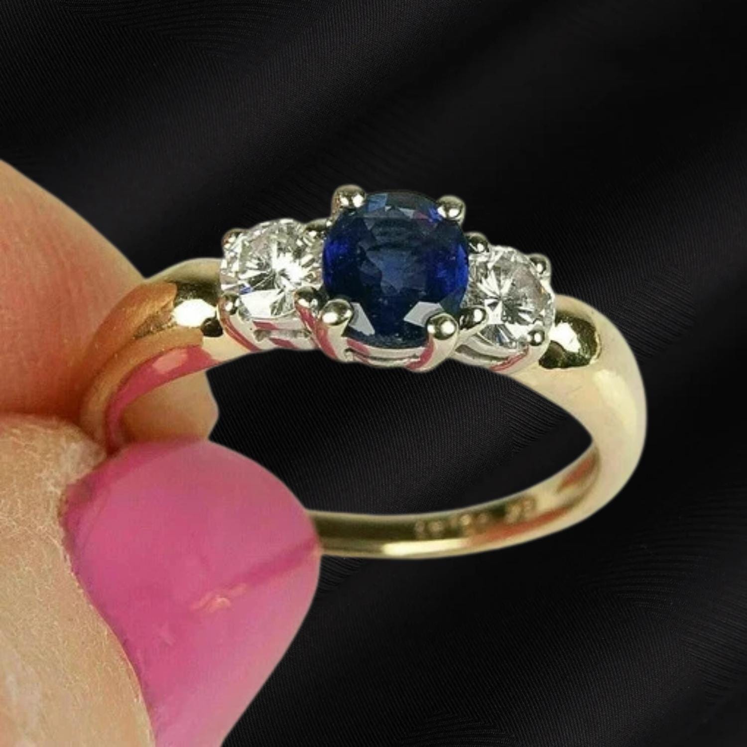 14K Gold Plated Sapphire Diamond Three Stone Ring, Vintage Style Promise Ring, 925 Sterling silver, Handmade Jewellery, Gift For Her .