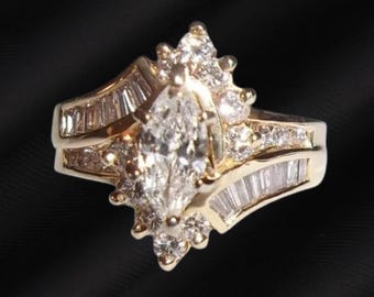 Anillo de boda con diamante talla marquesa, anillo chapado en oro amarillo de 14 quilates, anillo de boda, plata de ley 925, anillo nupcial llamativo, regalo para esposa.