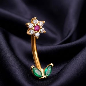 14K Yellow Gold Plated Round Cut Pink Ruby Diamond & Emerald Belly Ring , Flower Shape Women's Belly Ring , 925 Silver , Handmade Jewellery.