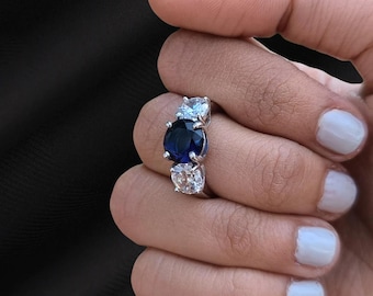 Round Blue Sapphire Three Stone Engagement Ring, Diamond Accent Ring, 14K Gold Plated Bridal Promise Ring, Handmade Gift for Her