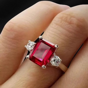 Classic Emerald Cut Ruby Diamond Engagement Ring, Handmade 14k Whit Gold Plated Solitaire Promise Ring For Women's, Wedding Gift For Her