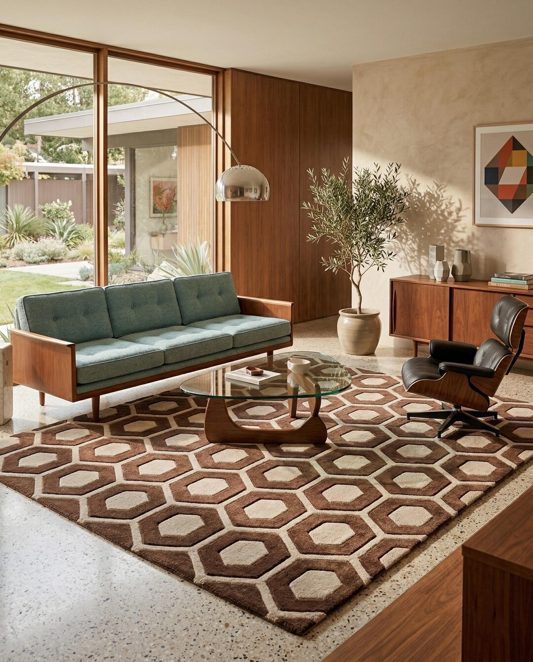 Geometric Wool Rug Honeycomb Pattern Mid Century Modern Hand Tufted ...