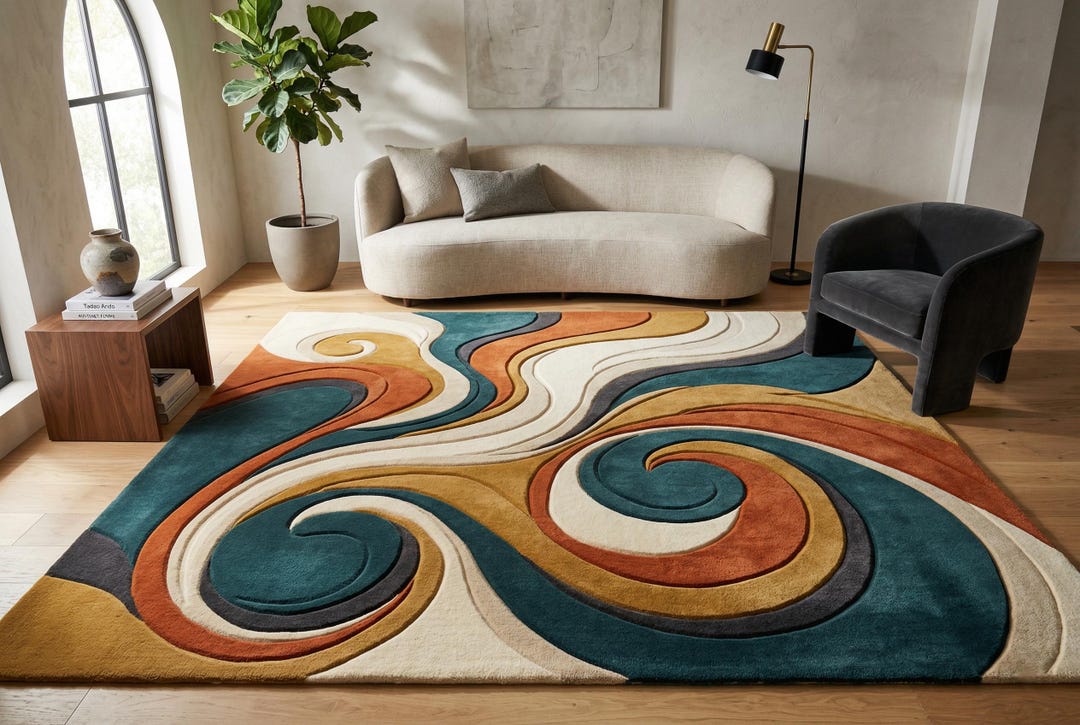 Hand Tufted Rug Abstract Swirl Pattern Wool Cotton Modern Living Room ...