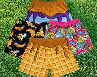 Funny Food Print Mesh Shorts Youth Adult Kid, Baseball Athletic Shorts, Donut Banana Ice Cream Drip Design, Breathable Summer Gym Shorts