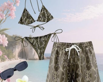 Matching Bottomland Camo Couples Swimwear, Bikini Tie Side Thong & Men’s Beach Shorts Set, Hawaiian Style Swimsuit, His and Hers Beachwear