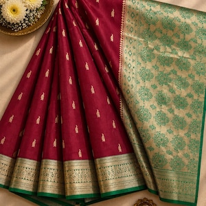 Elegant Satin Silk Saree – Red & Green Zari Woven Traditional Indian Saree