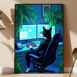 Puede incluir: Impresión artística digital enmarcada que representa una figura canina con gafas y auriculares, sentada en un escritorio con dos monitores de ordenador. La escena está iluminada con luz azul, con exuberantes plantas verdes y una silla moderna.