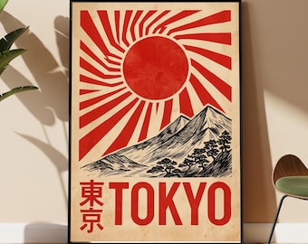 Vintage Tokyo Poster, Japanese Travel Art, Mid-Century Modern Red Sun Mount Fuji